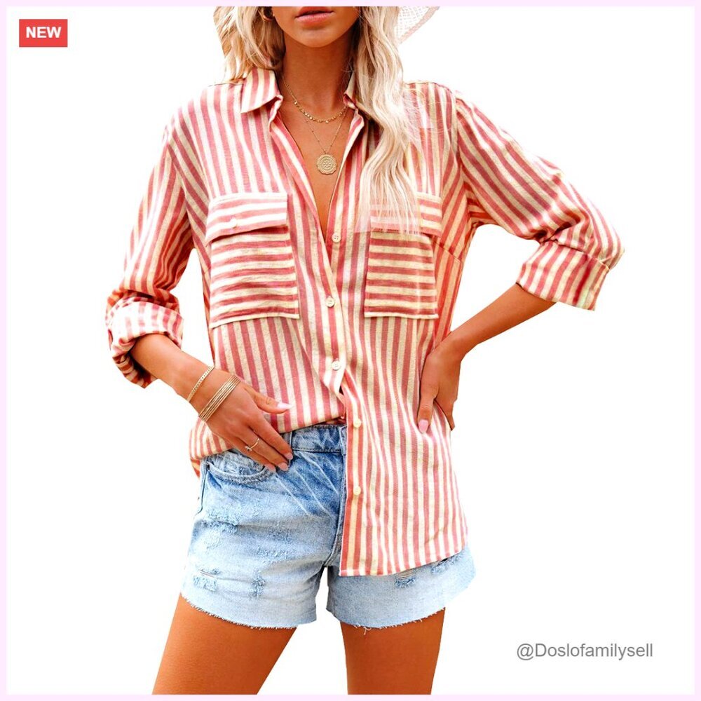 Long Sleeve V-Neck Button Down Blouse with Pockets, Striped Pattern